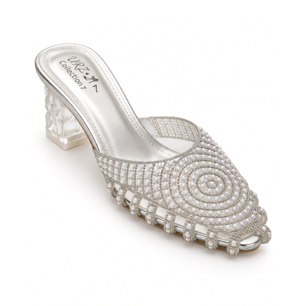 Celestial Pearl Embellished Transparent Block Heels Silver