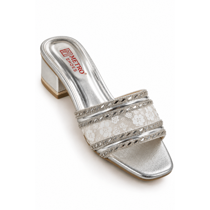 Celeste Silver Floral Block Heel Slides