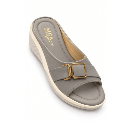 Gold Buckle Platform Slides – Ash Grey
